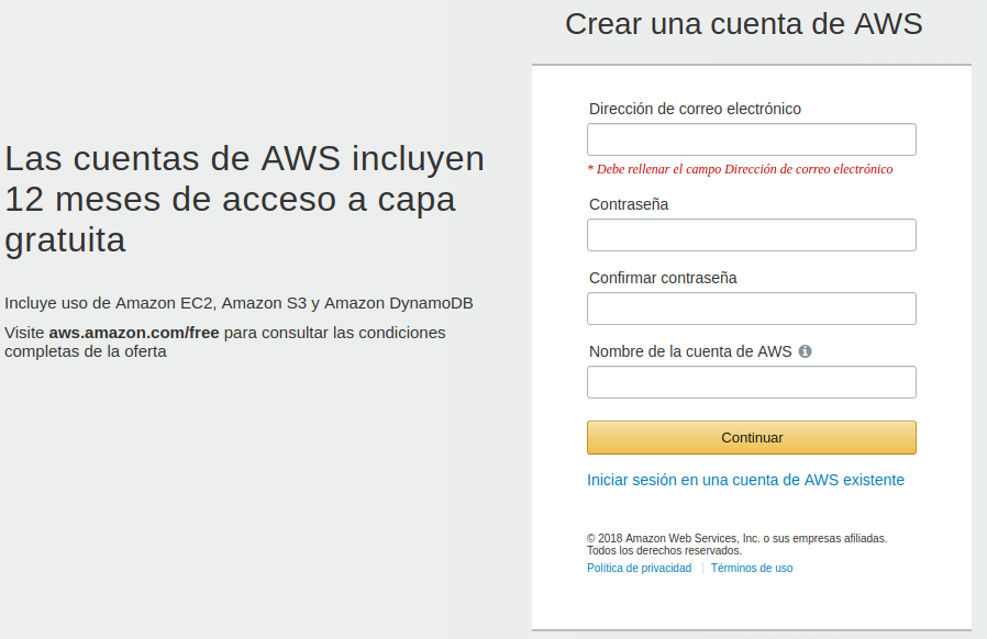 Crear cuenta en AWS, paso 2