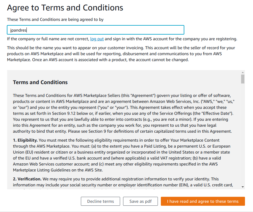 Register on AWS Marketplace, step 2